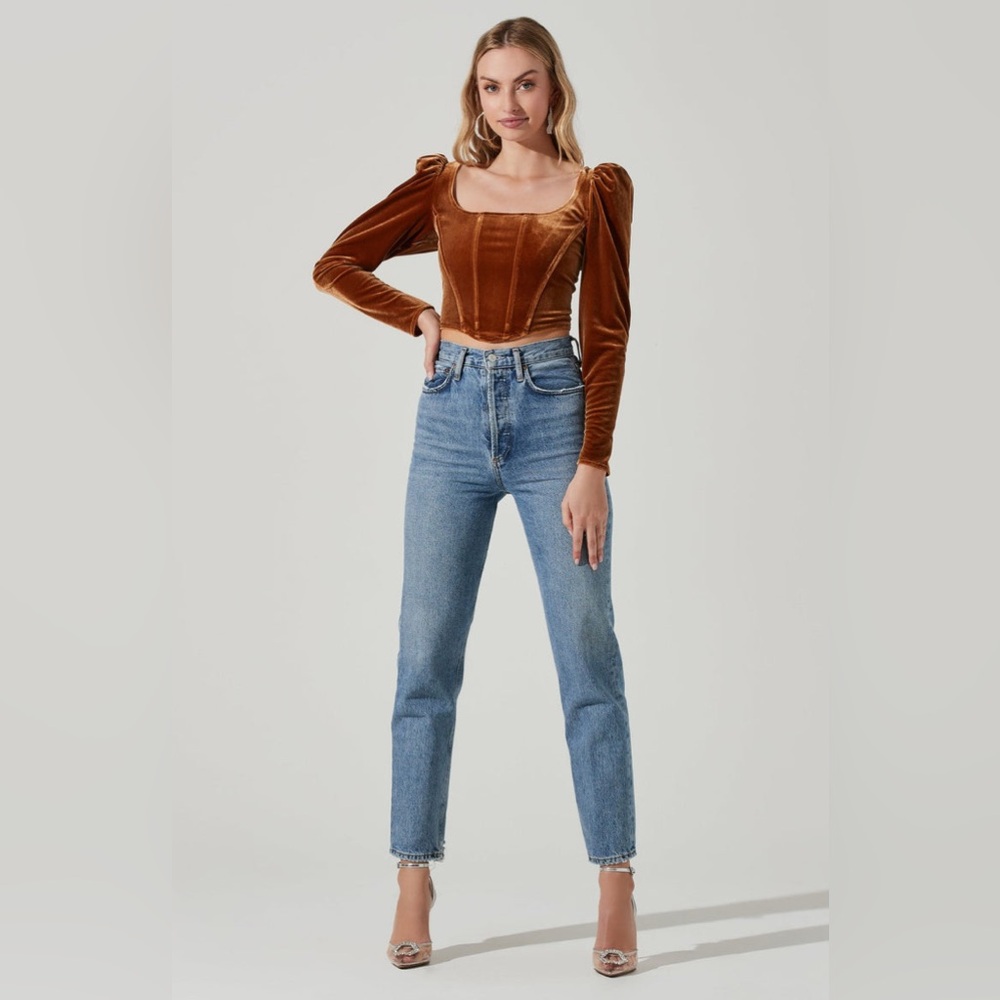 ASTR The Label Ashbury Velvet Corset Long Sleeve Top in Gold